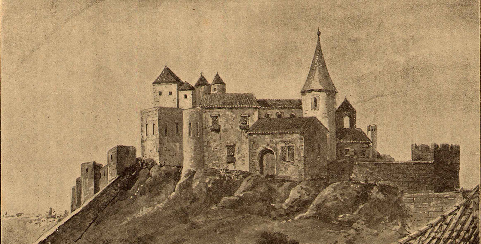 a drawing of a castle on a hill