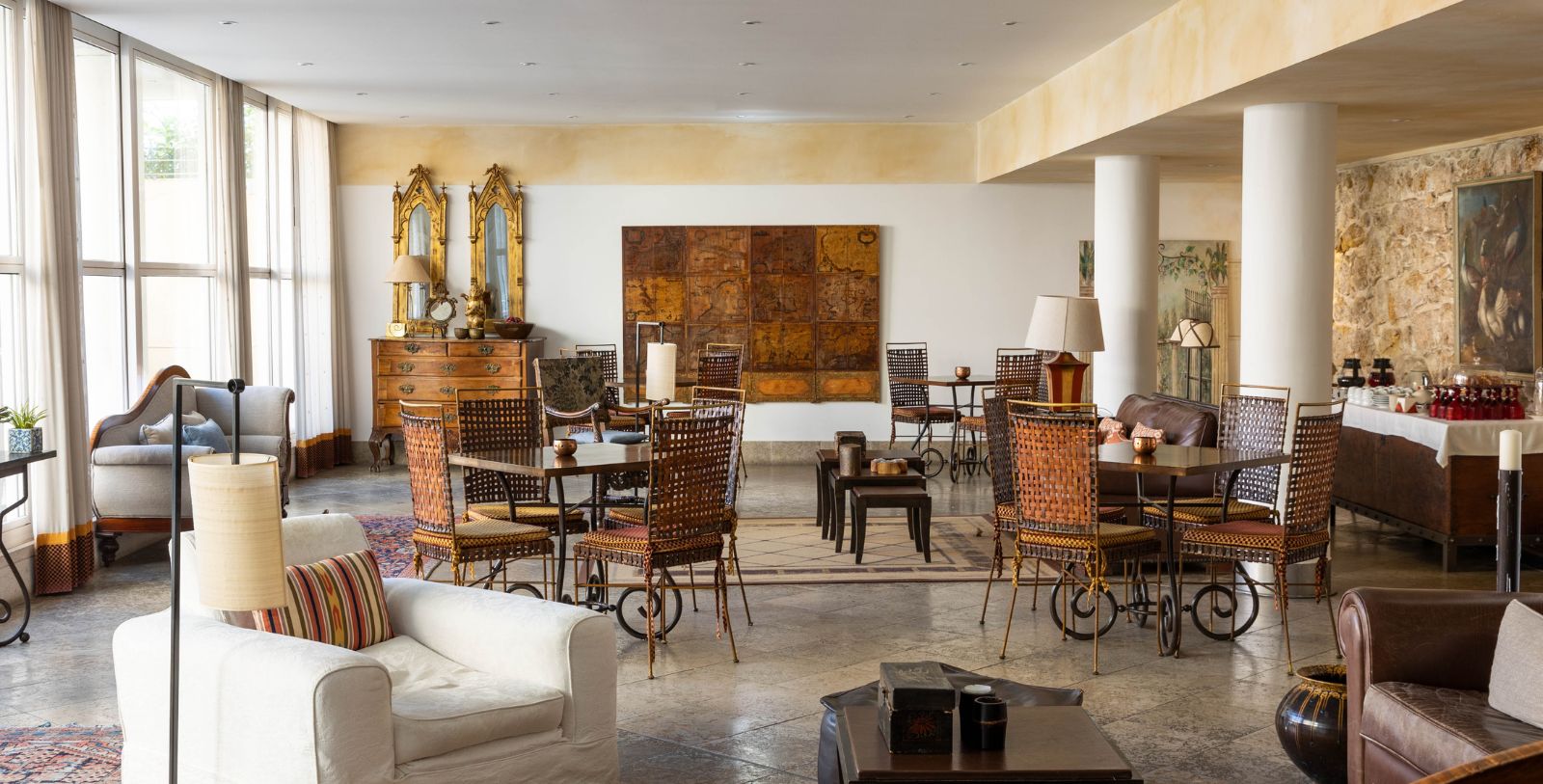 a room with furniture and tables