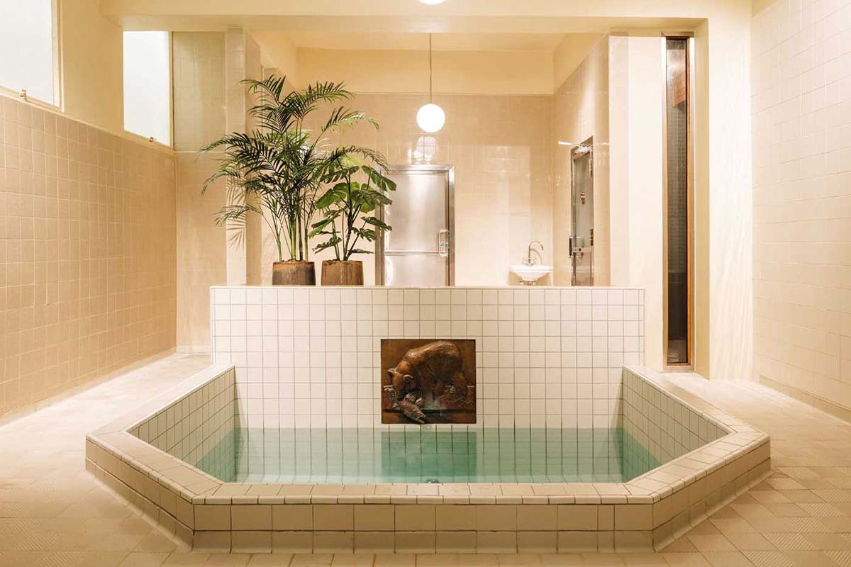 a large indoor pool with a large plant in the middle