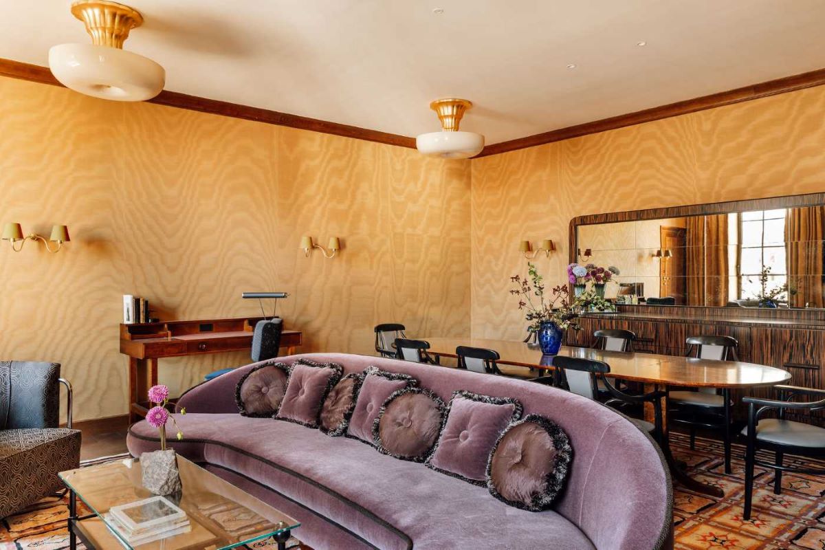 a living room with a couch and a table