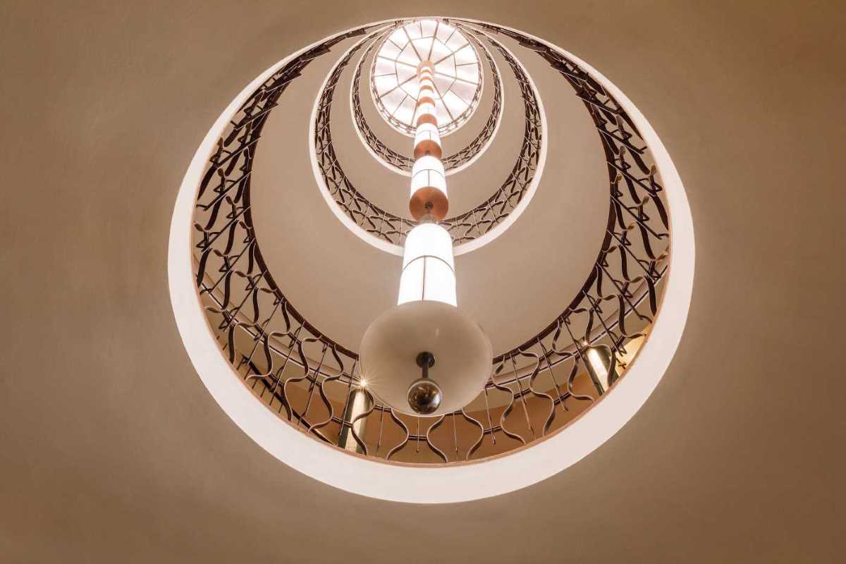 a spiral staircase with lights