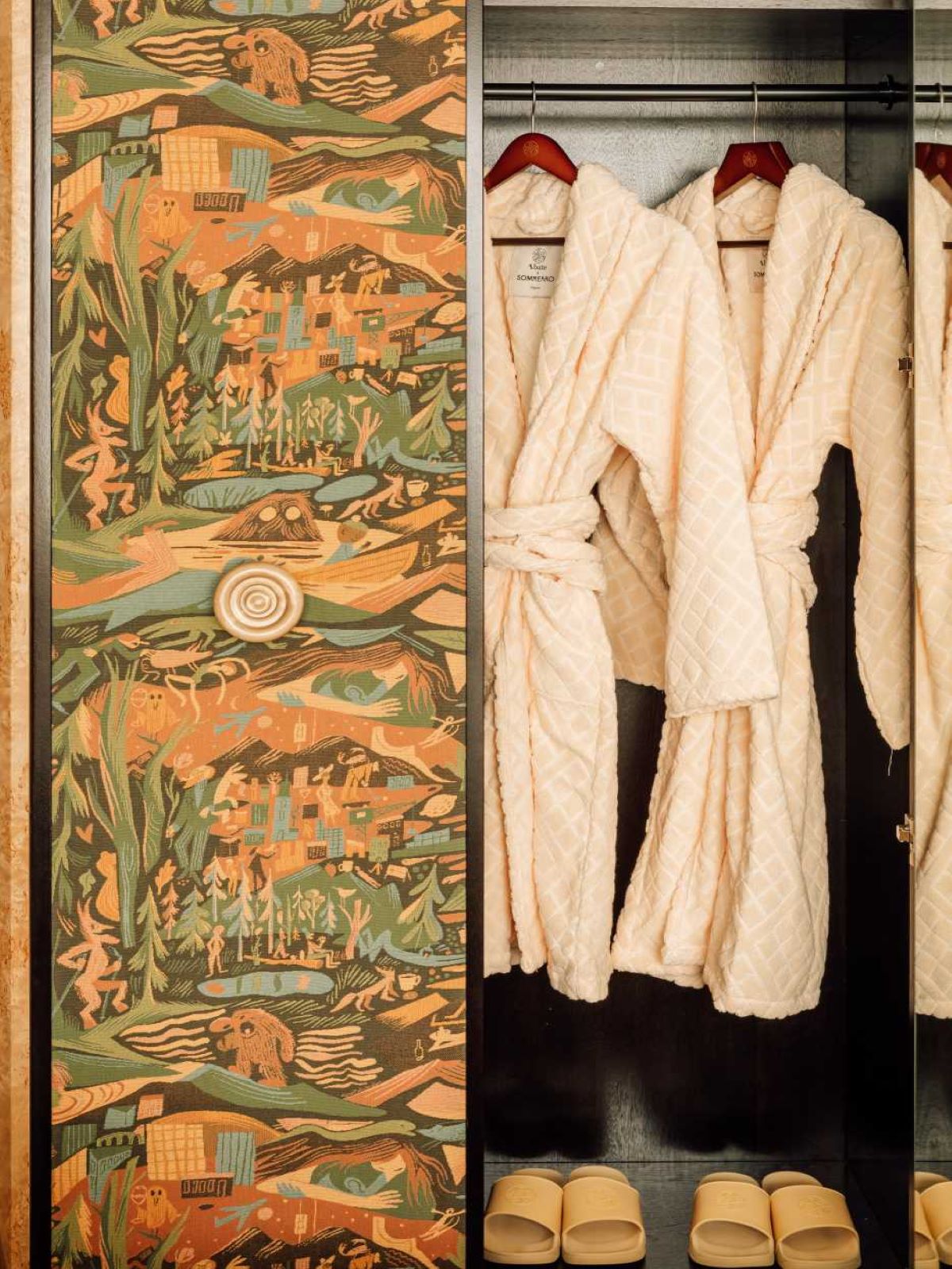 a robe next to a door