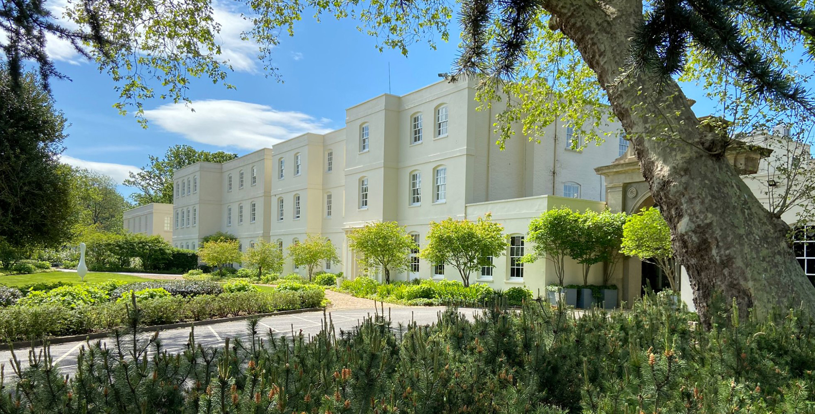 a building with trees and bushes