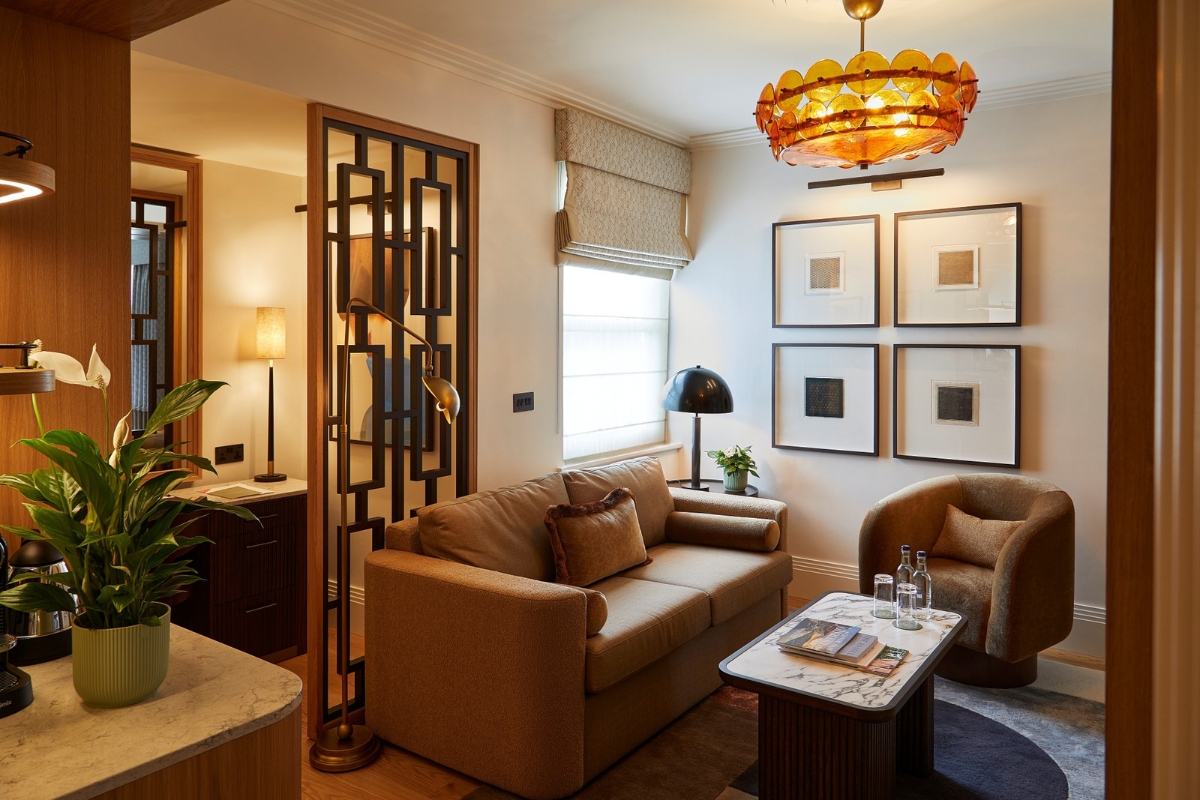 a living room with a couch and a table