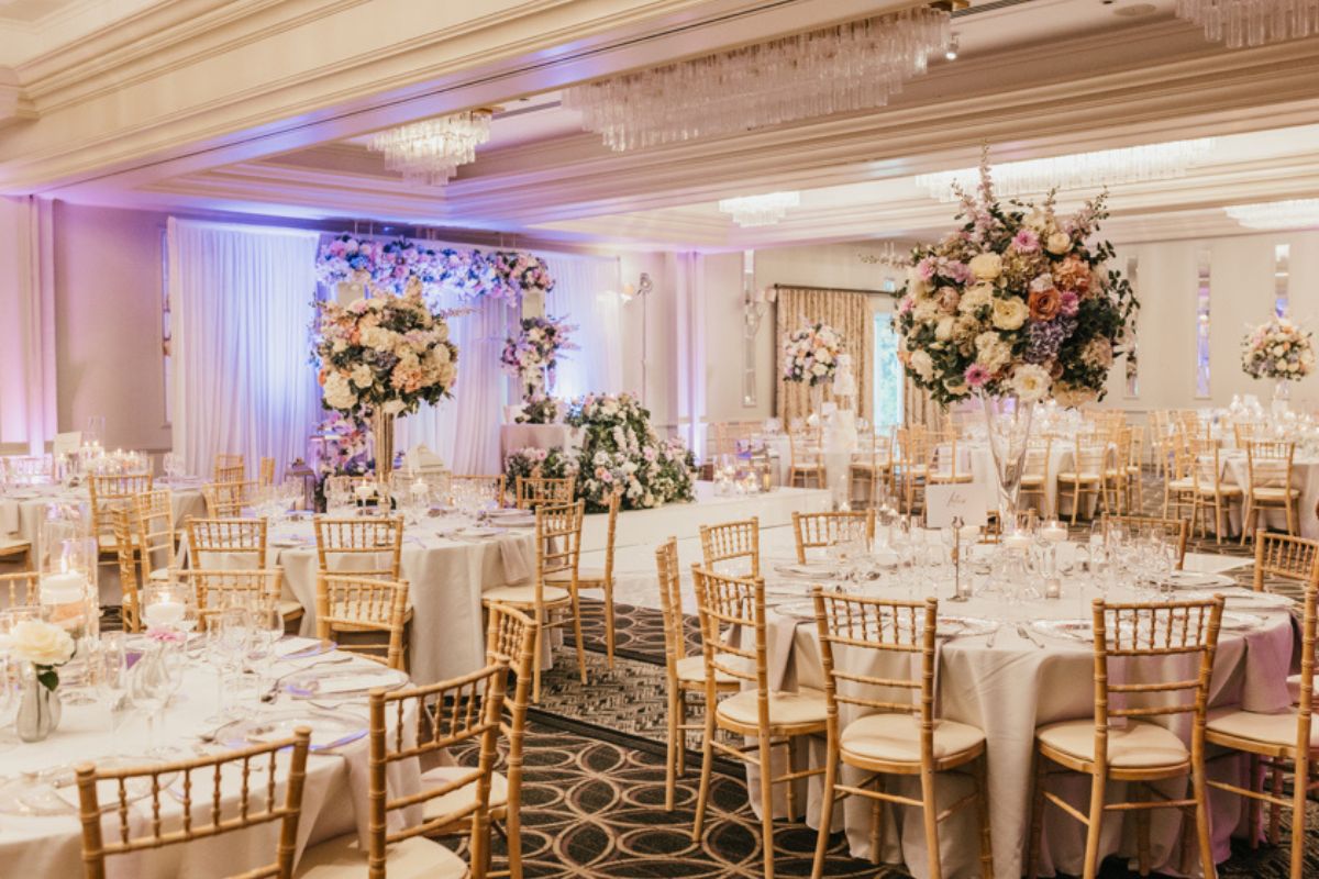 a room with tables and chairs