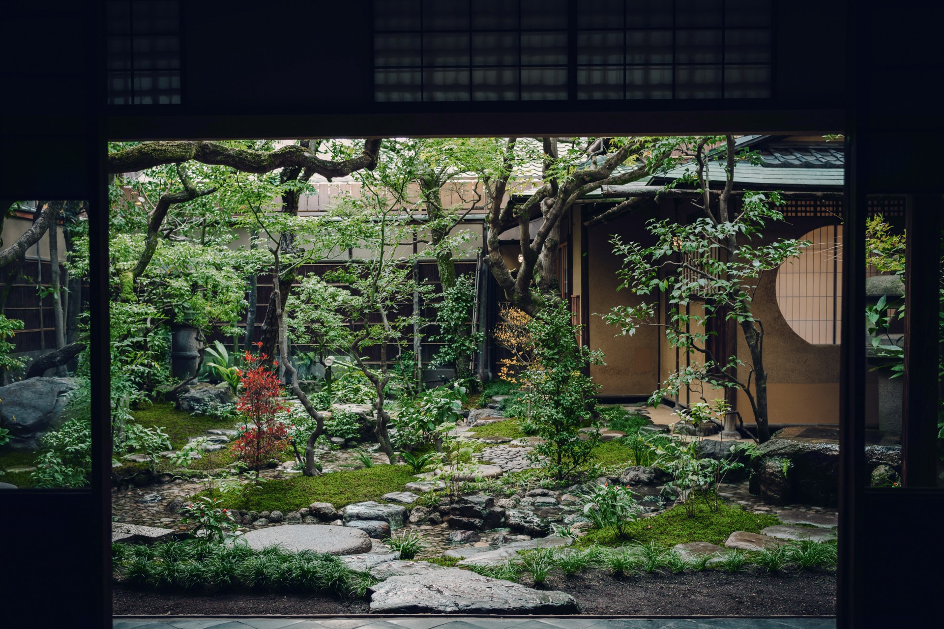 a courtyard with trees and plants