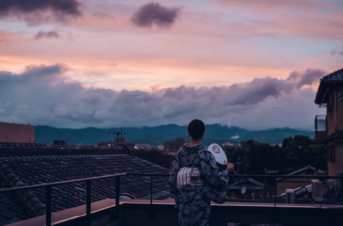 a person standing on a roof looking at a sunset