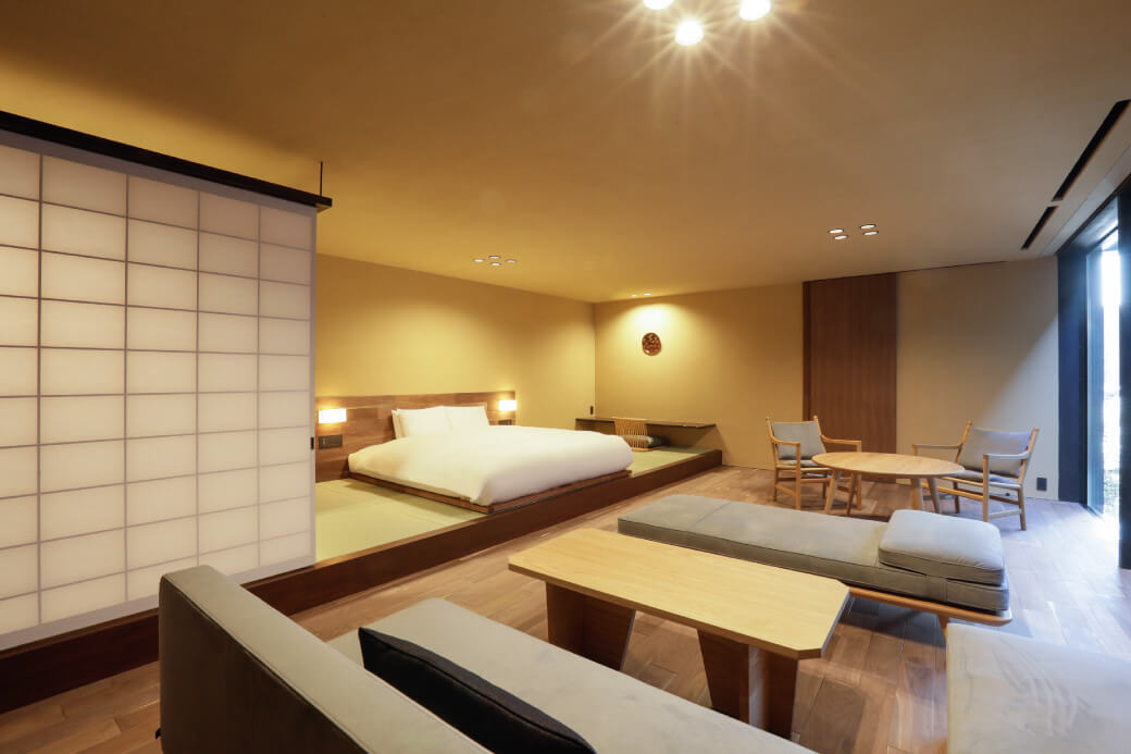 a room with a bed and a table