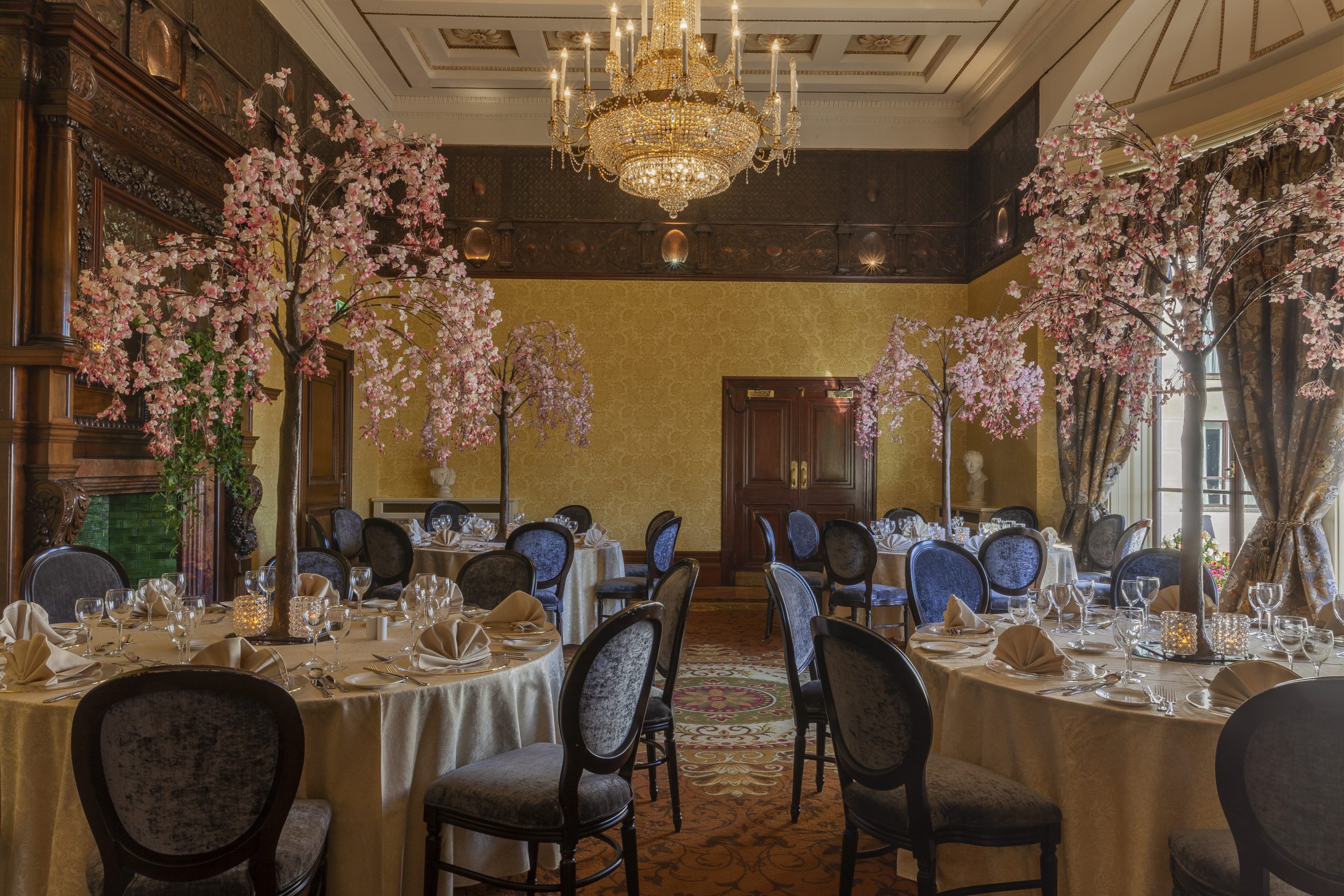 a room with tables and chairs