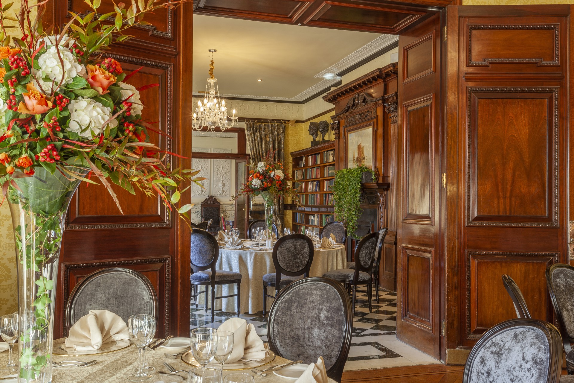 a room with tables and chairs