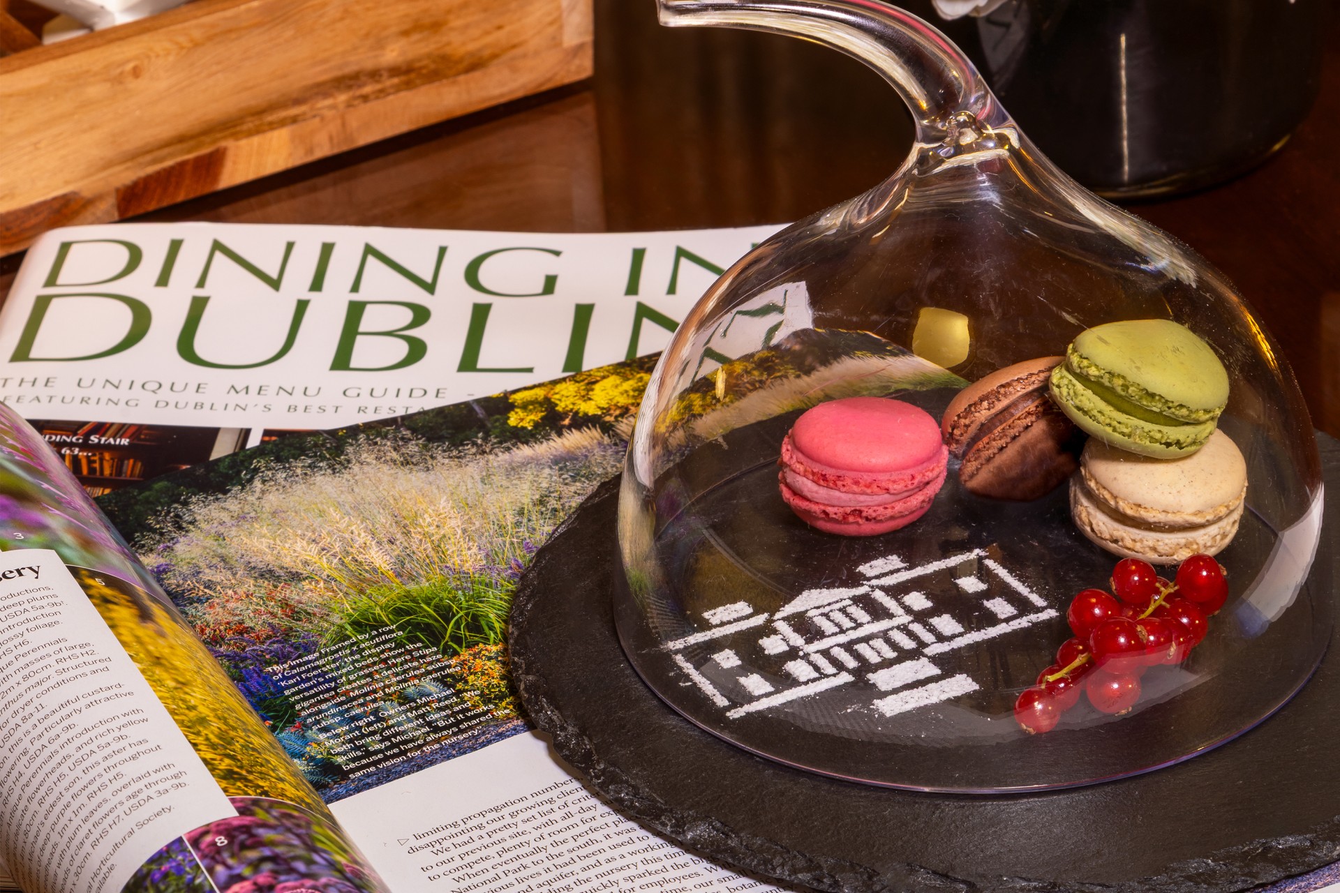a glass dish with food on it