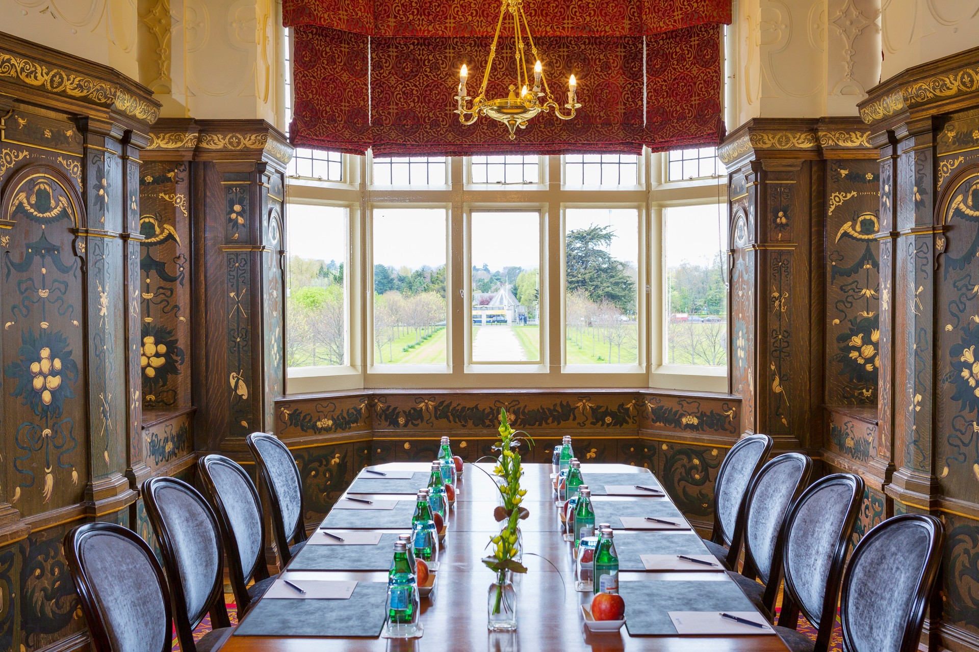 a room with a table and chairs