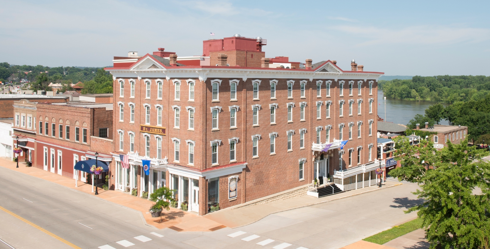 a building with flags on the front