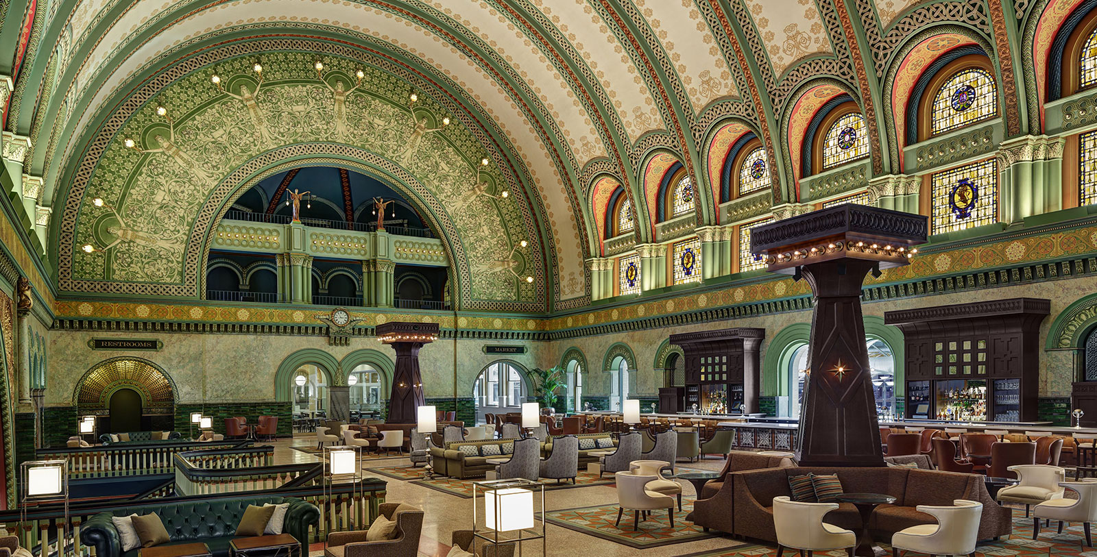 a large room with many chairs and tables