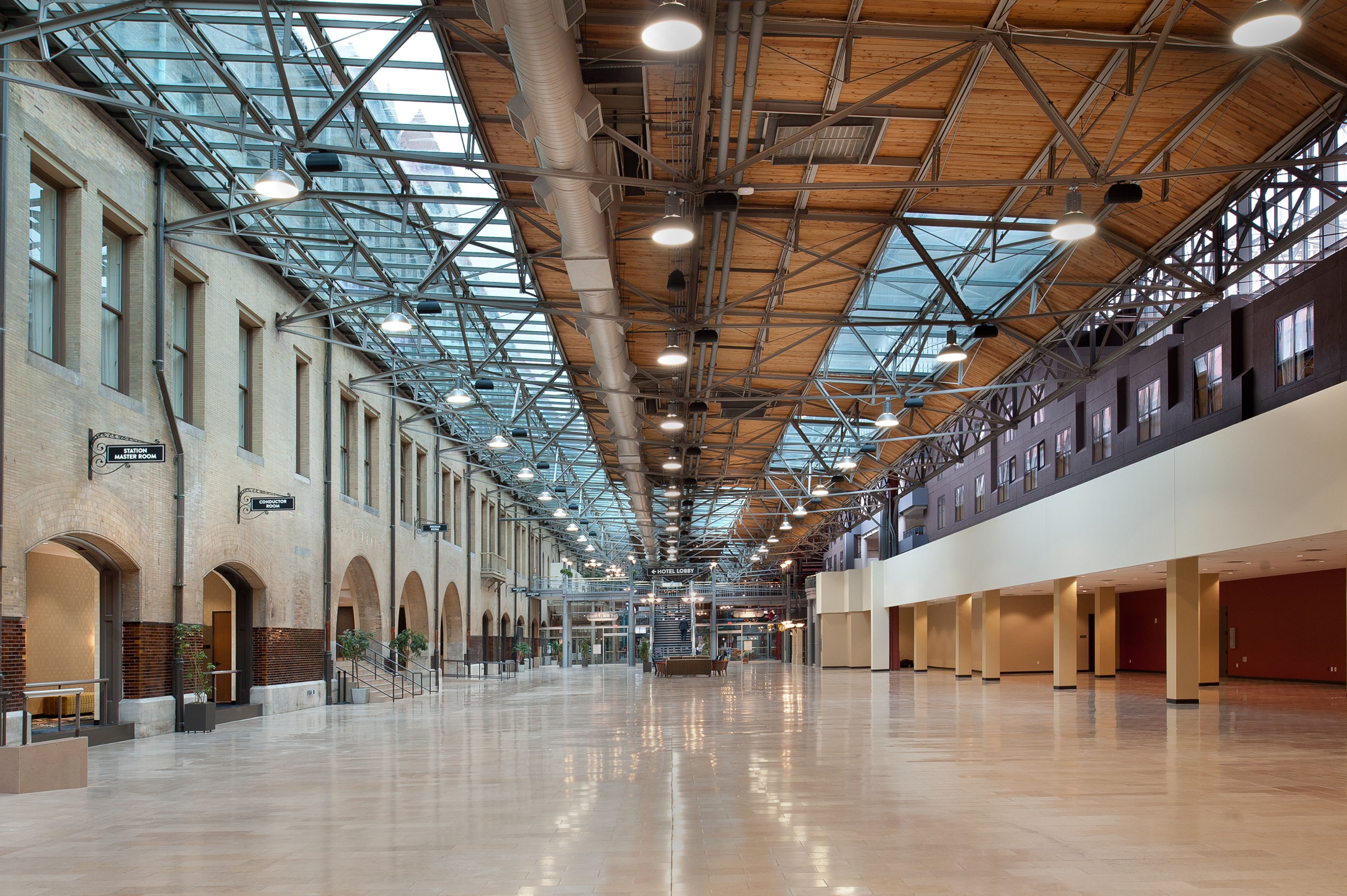 a large empty building with many windows