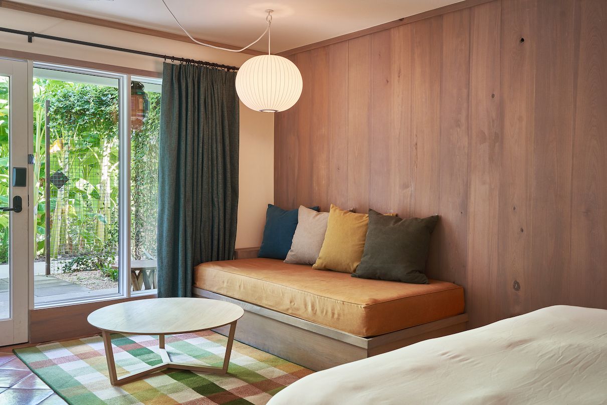 a room with a couch and a table