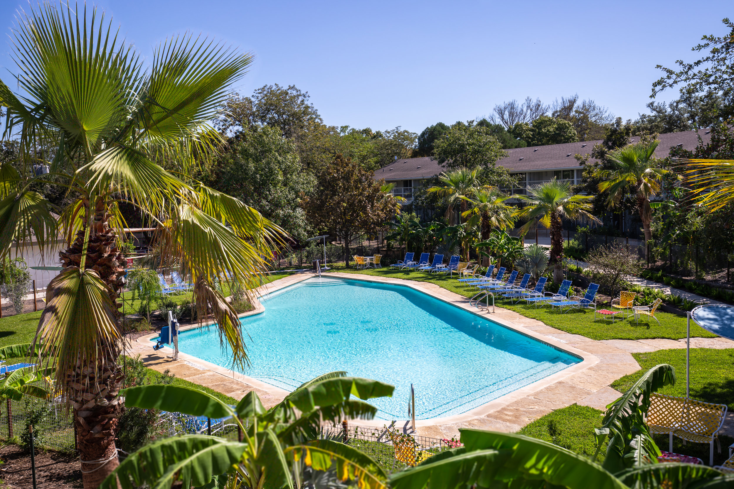 a pool with chairs and trees