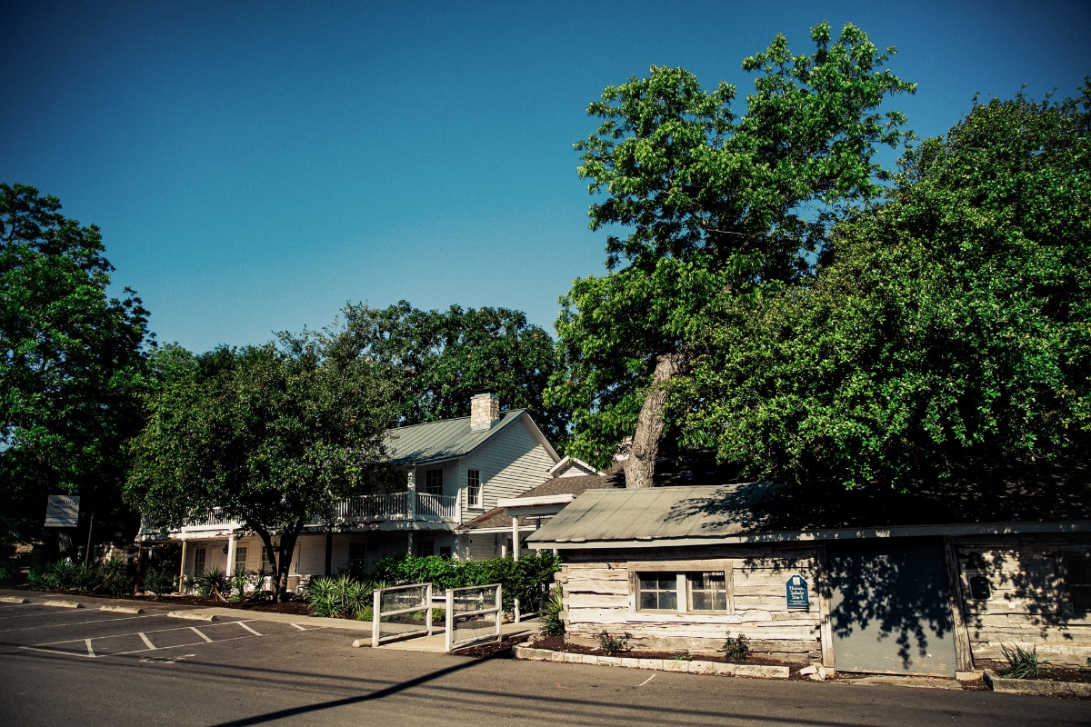 a building with trees around it
