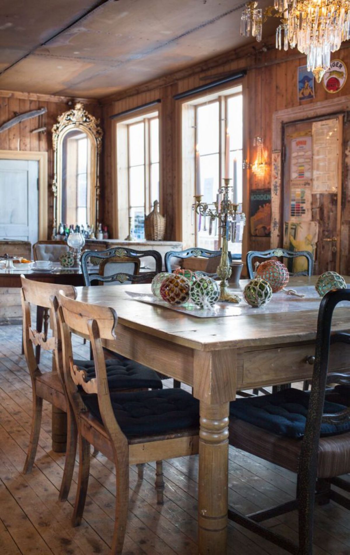 a room with a table and chairs