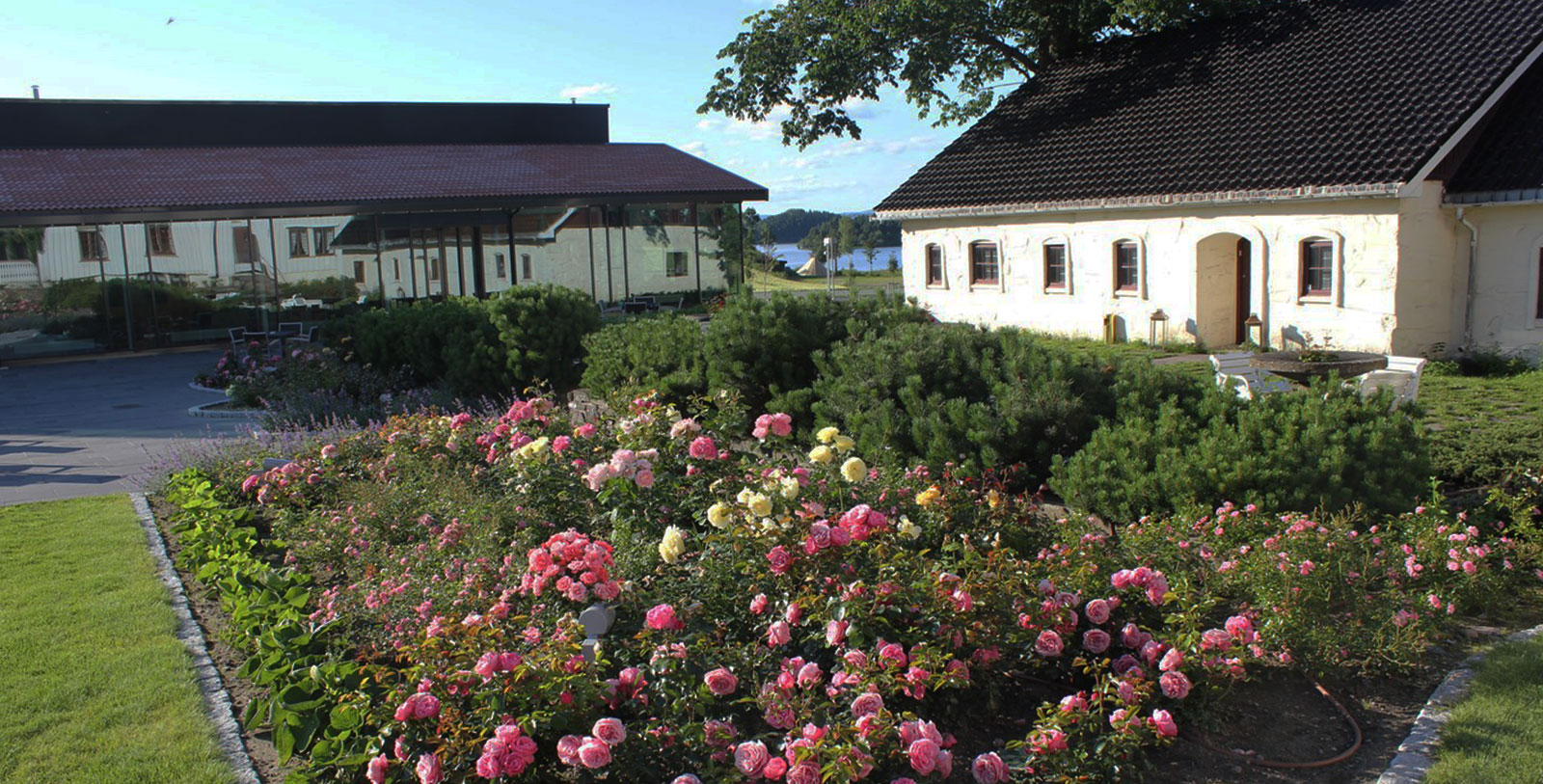 a garden with flowers and bushes in front of a building