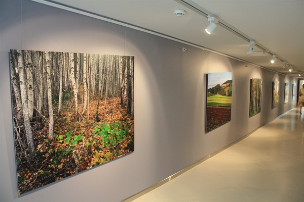 a long hallway with pictures on the wall