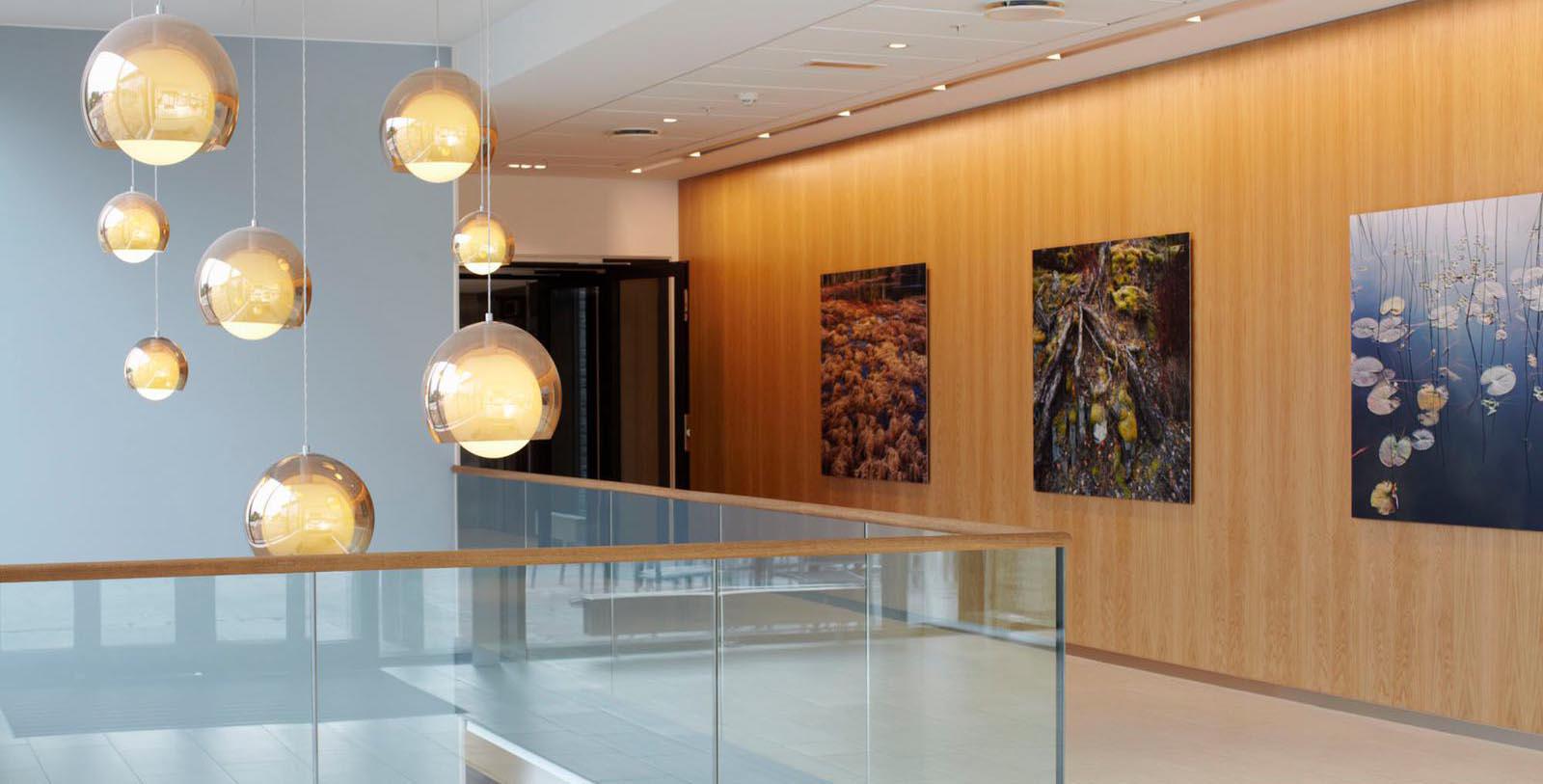 a glass railing in a building
