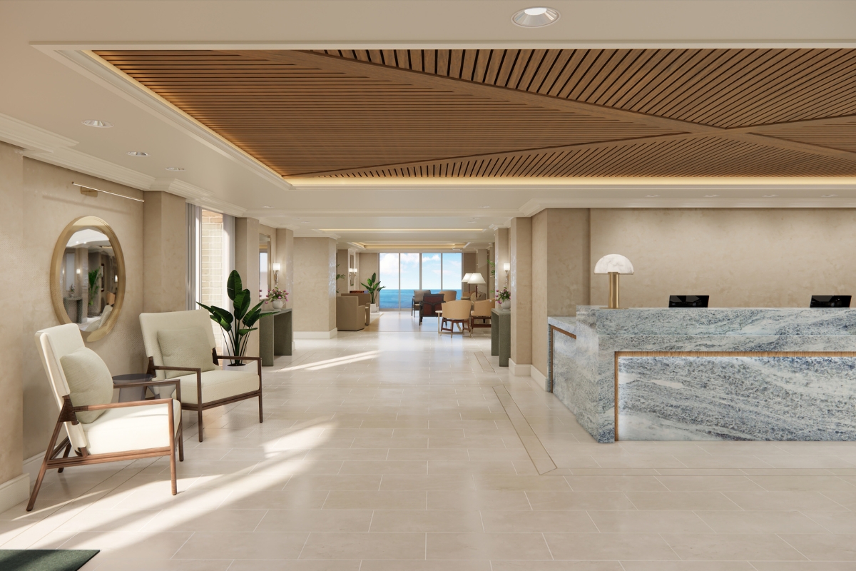 a lobby with a marble counter and chairs