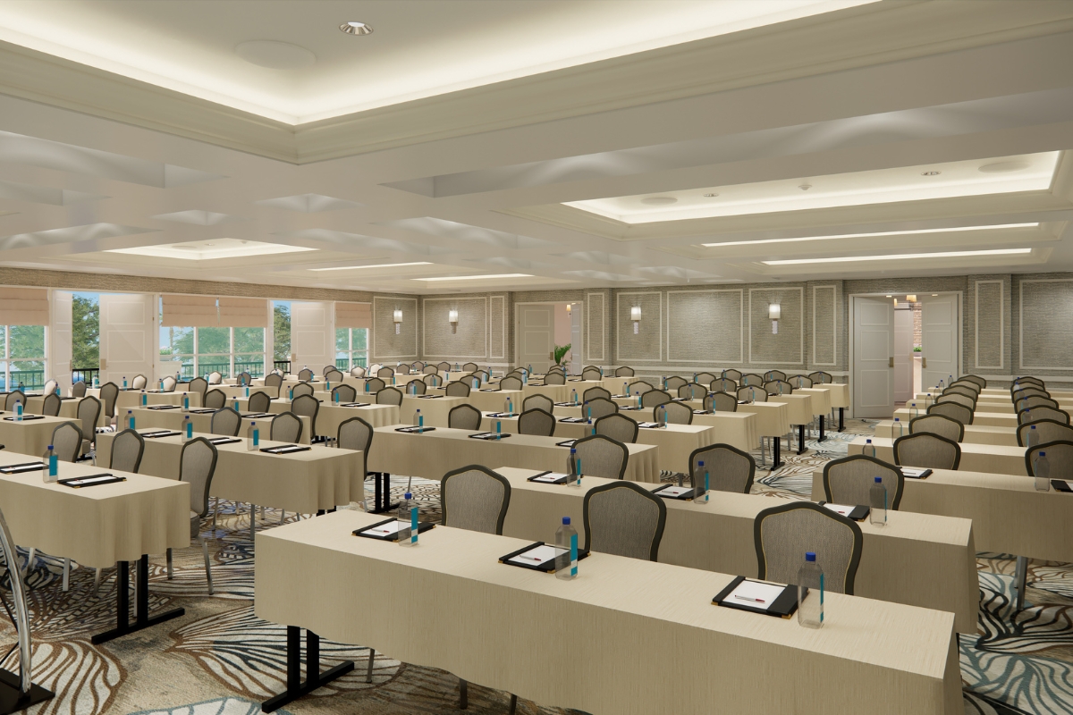a room with tables and chairs