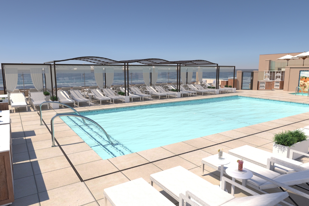 a pool with lounge chairs and a roof over it