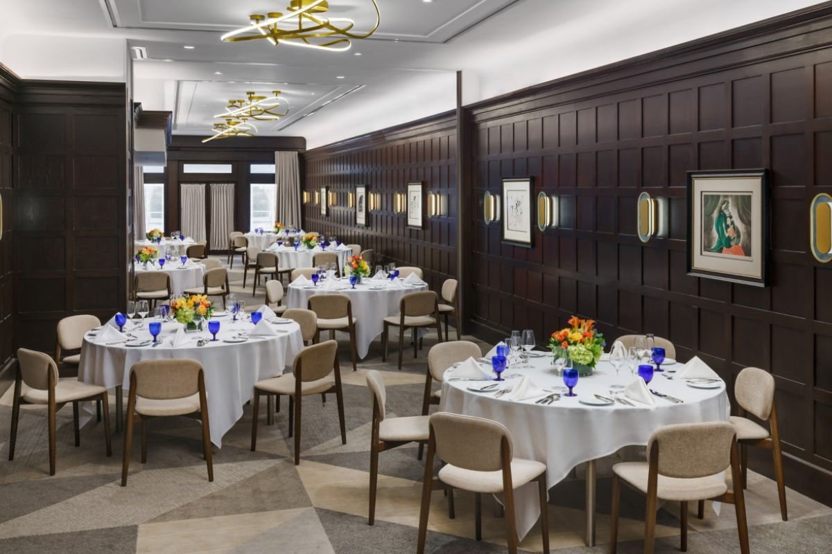 a room with tables and chairs