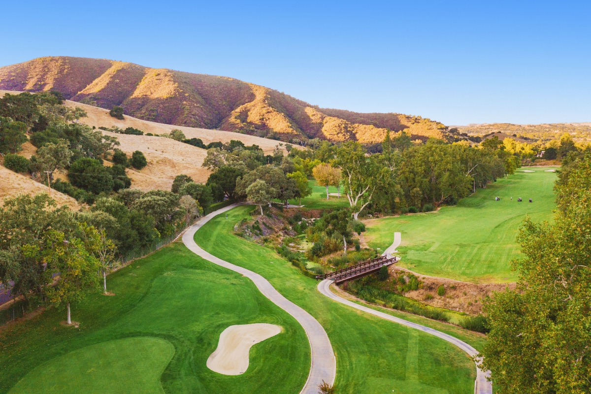 a golf course with a path and trees
