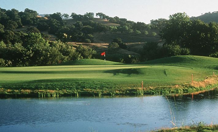 a golf course with a red flag