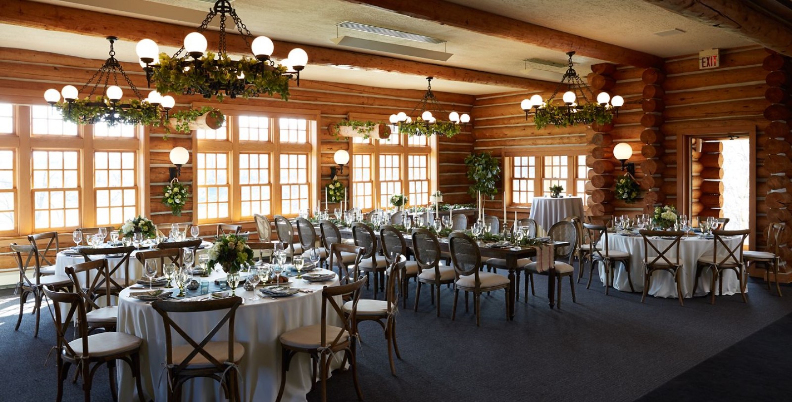 a room with tables and chairs