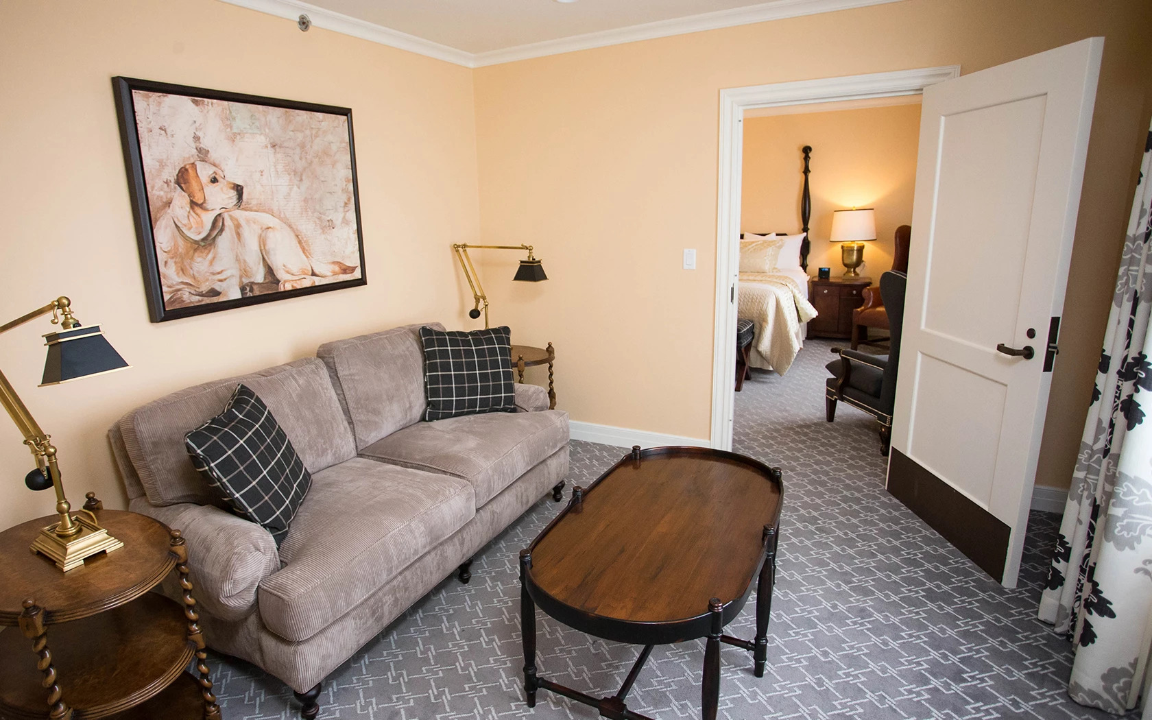 a living room with a couch and a coffee table