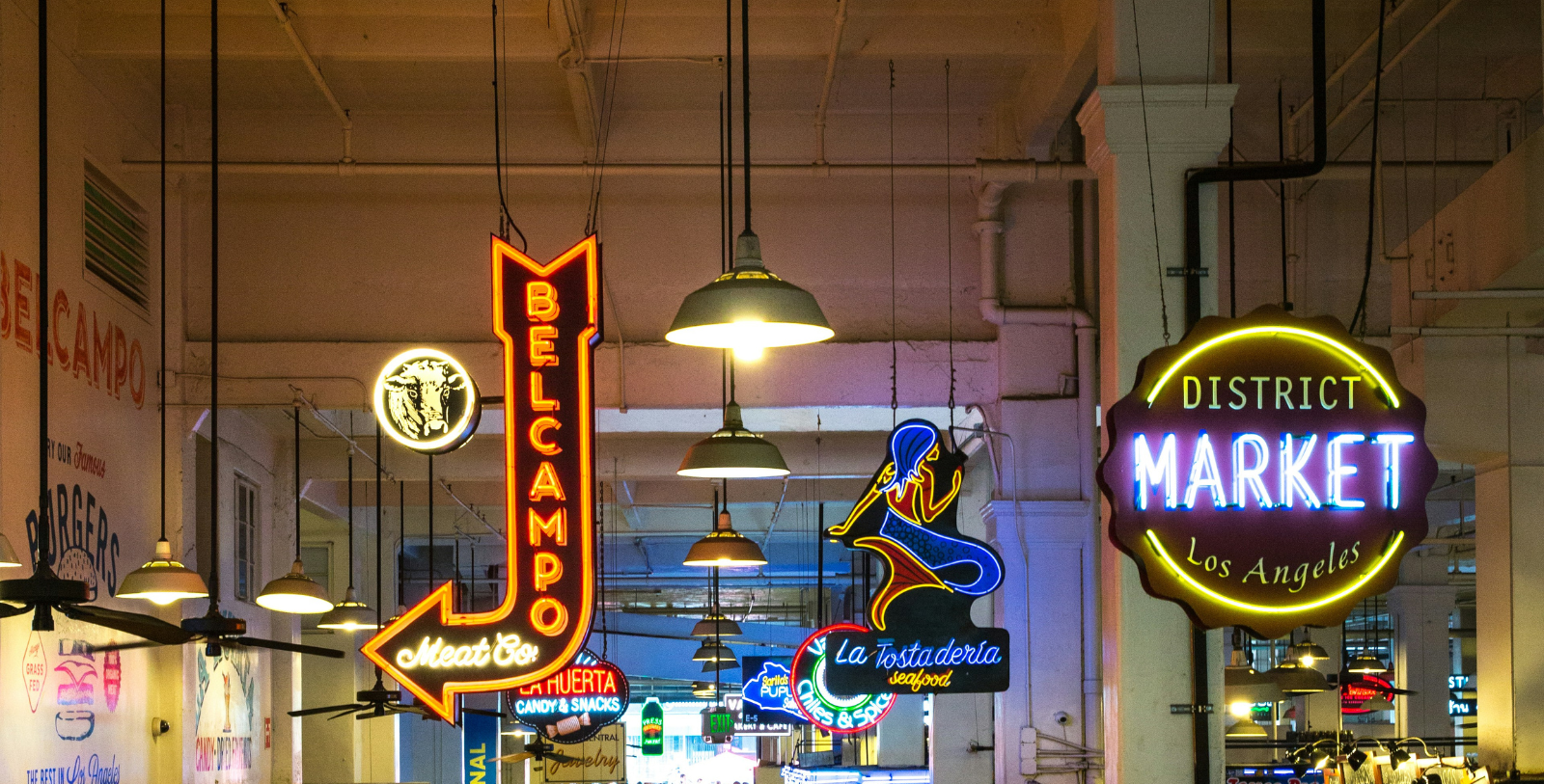a group of neon signs from the ceiling