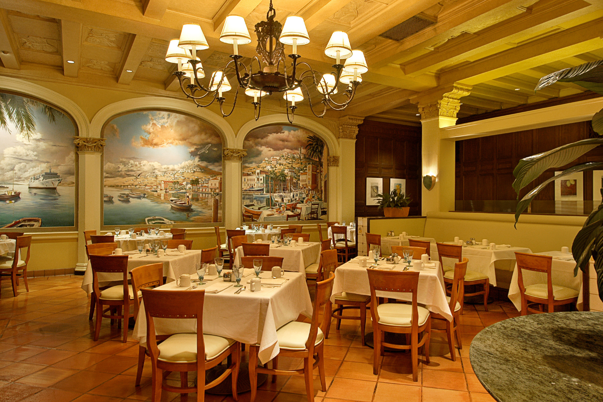 a room with tables and chairs