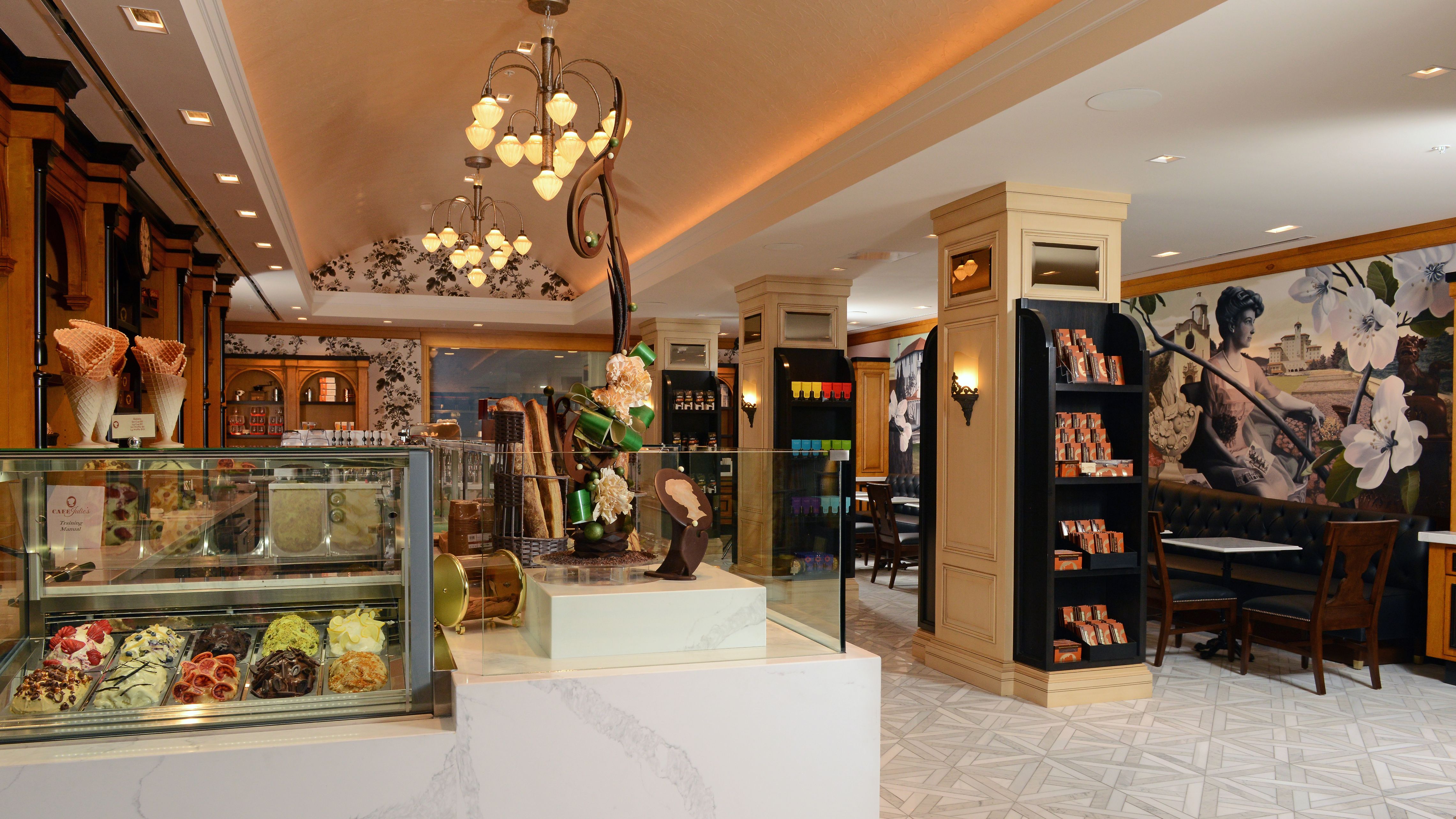a room with a counter and shelves