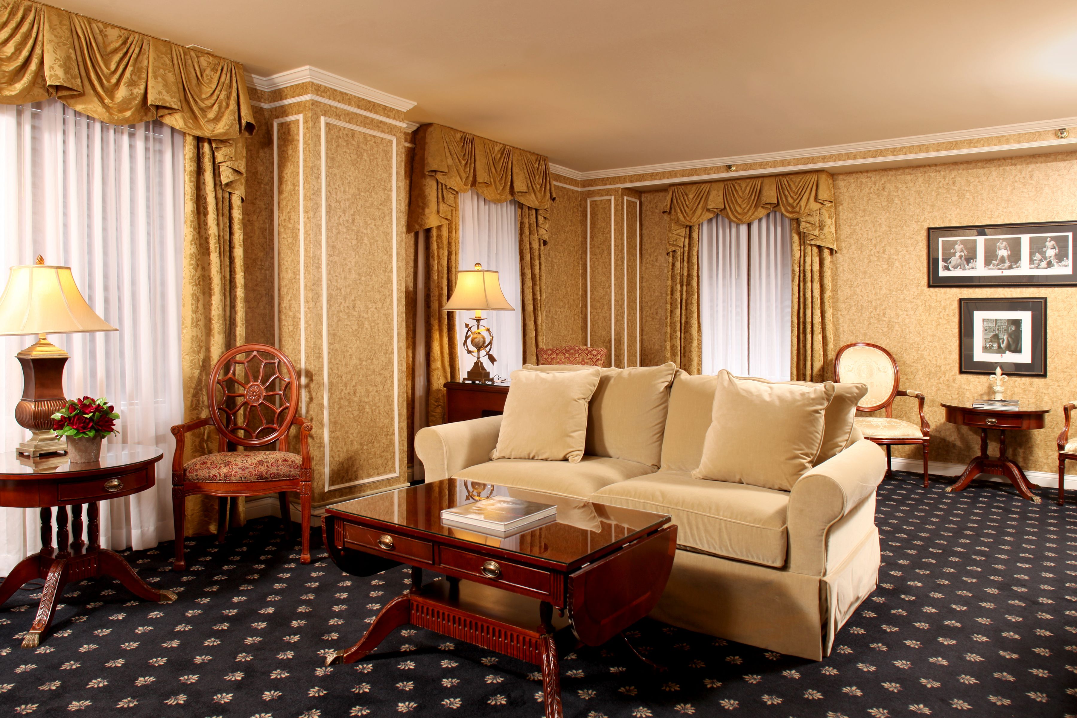 a room with a couch and a coffee table