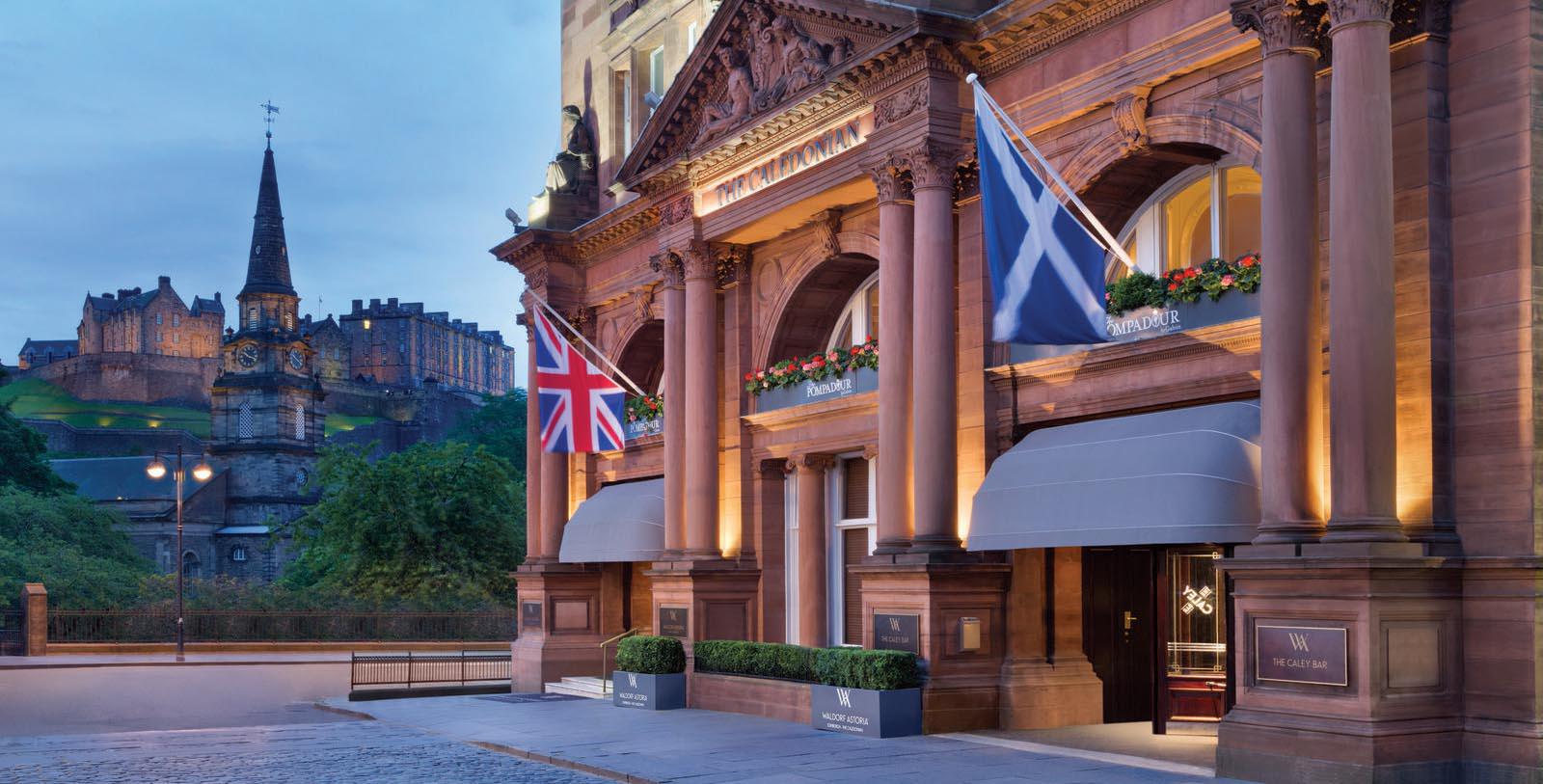 a building with flags on the front