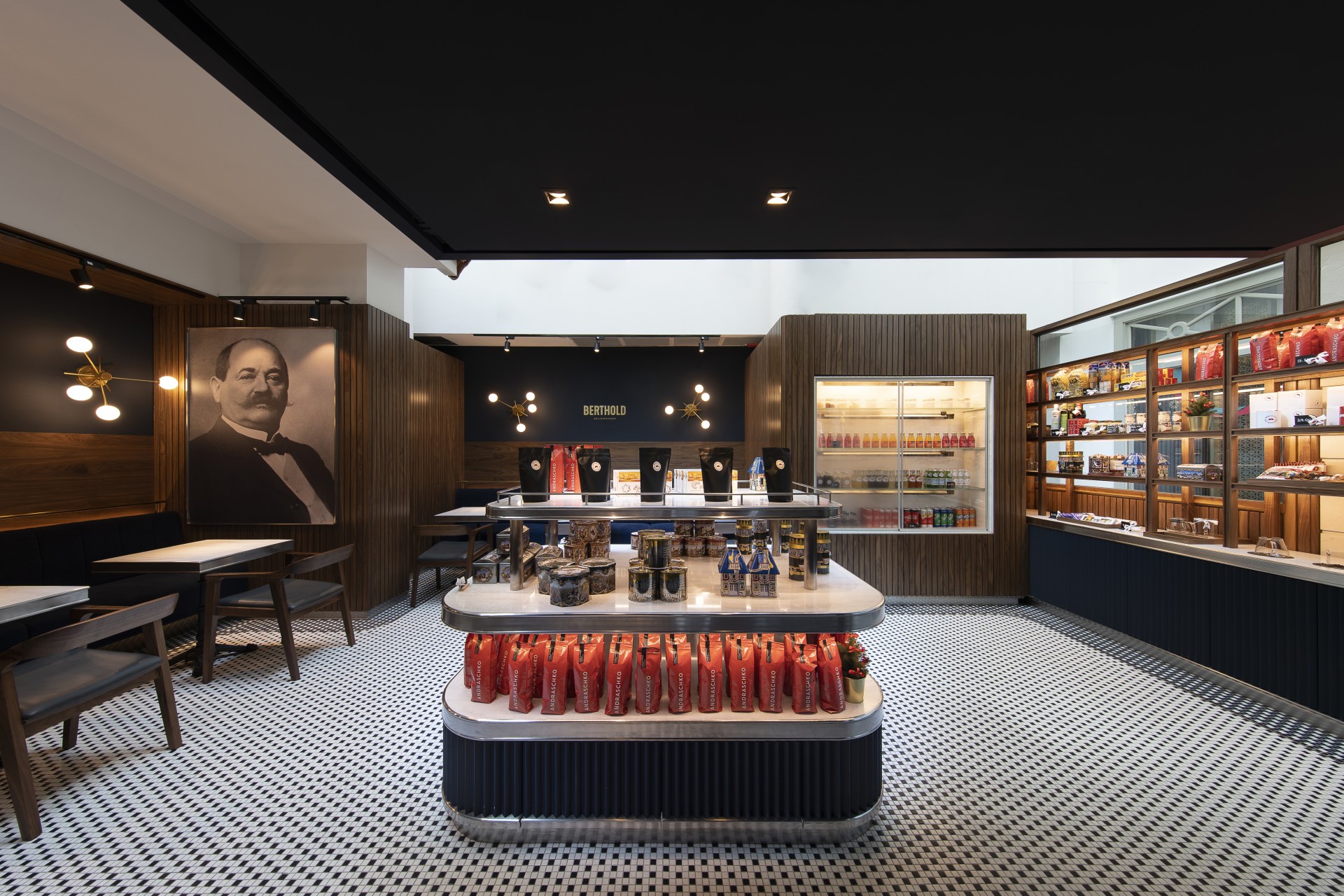 a room with a display of drinks