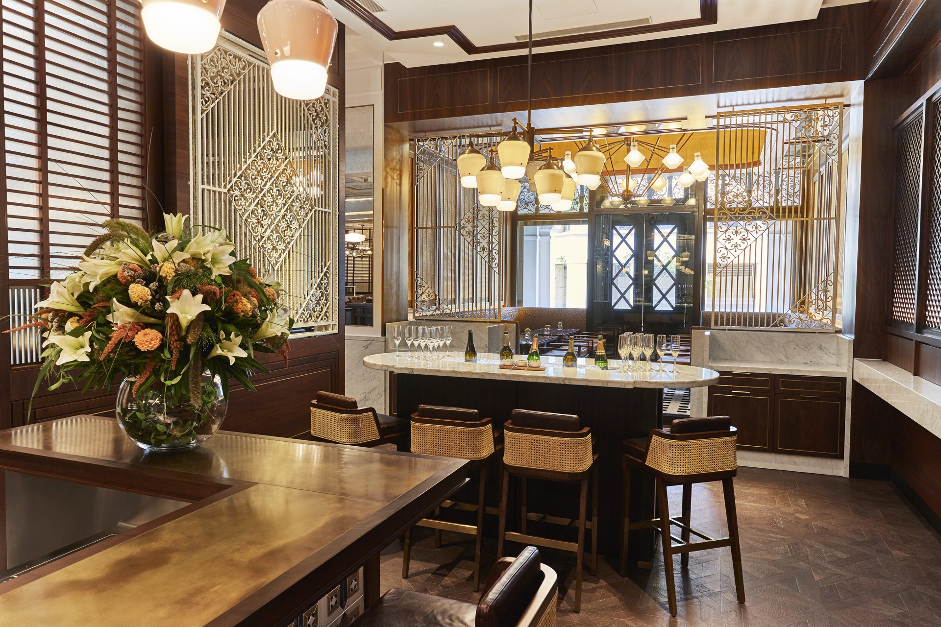 a bar with a table and chairs
