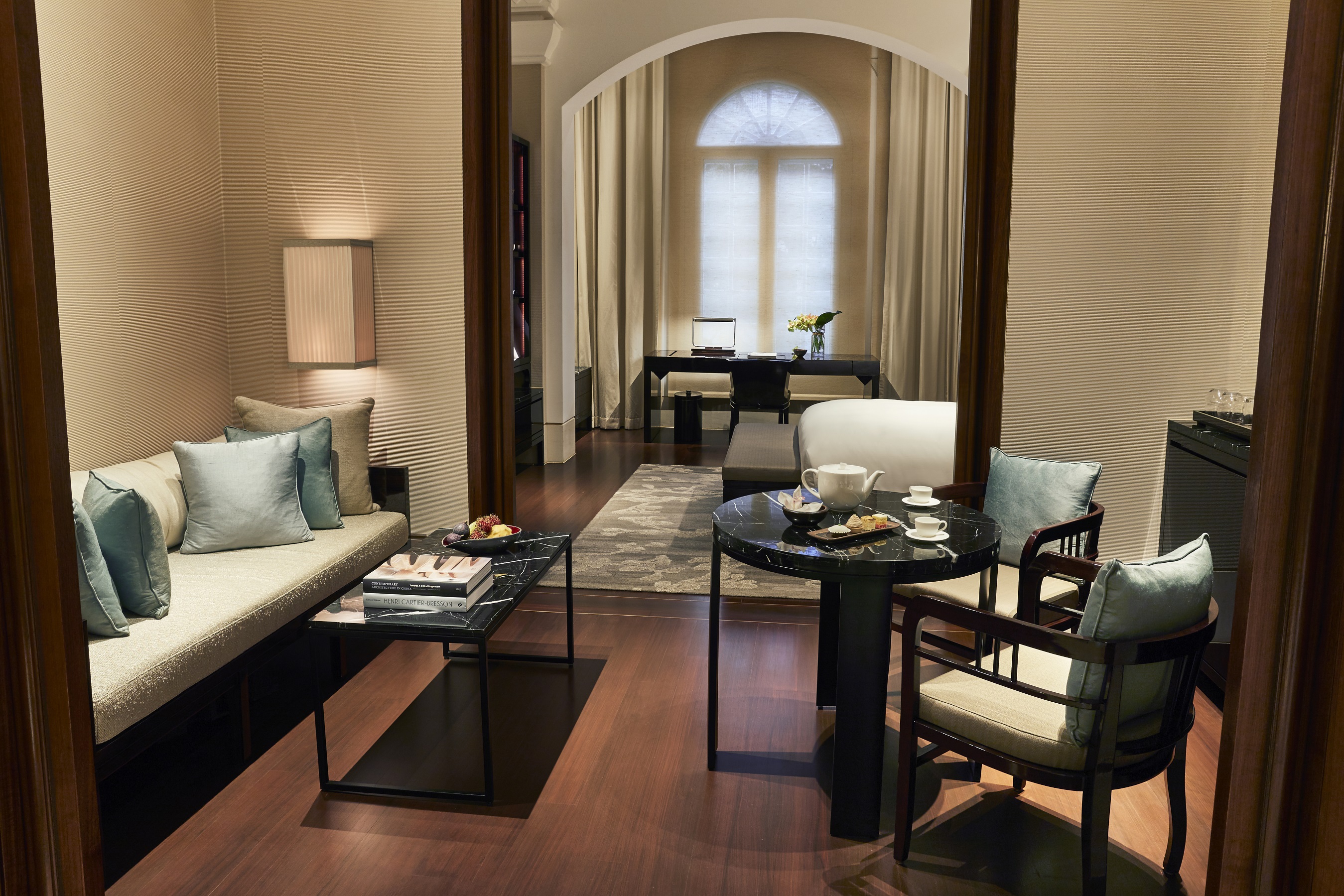 a room with a table and chairs