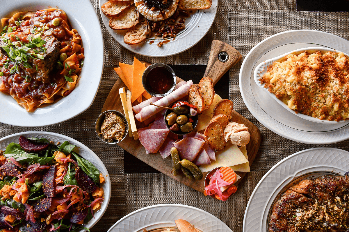 a table with plates of food