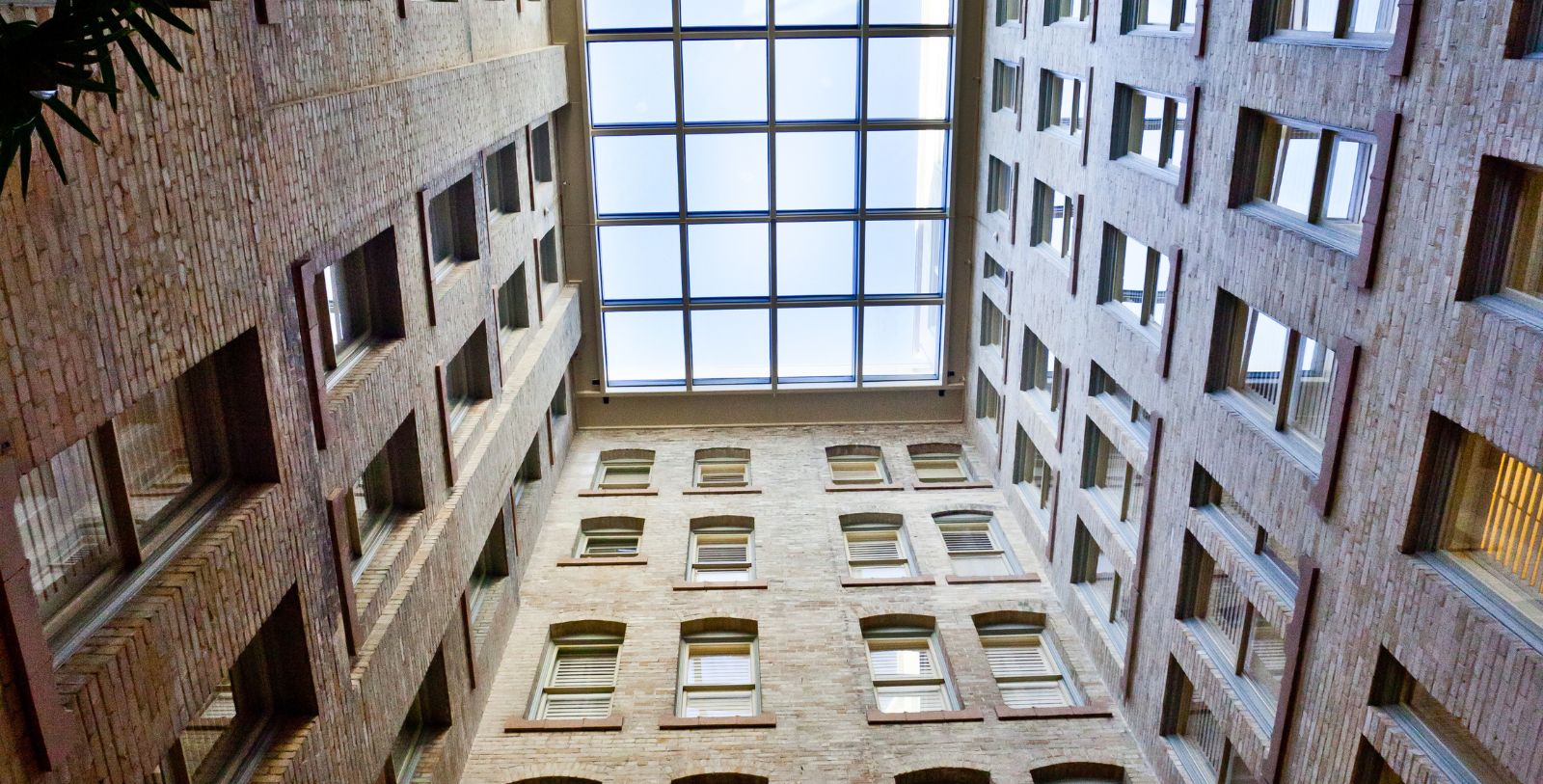 looking up at a building with a skylight
