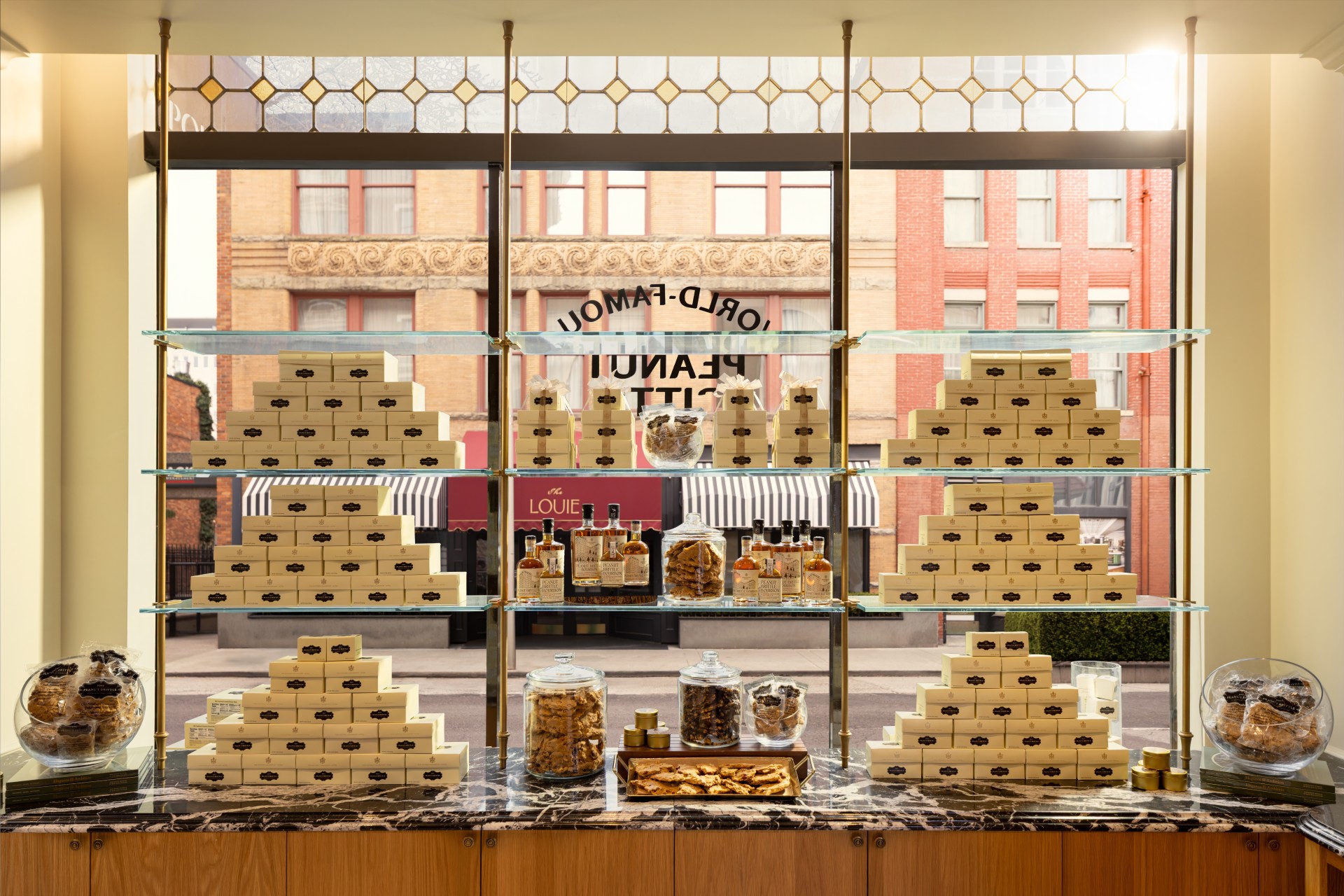 a display of boxes on a counter