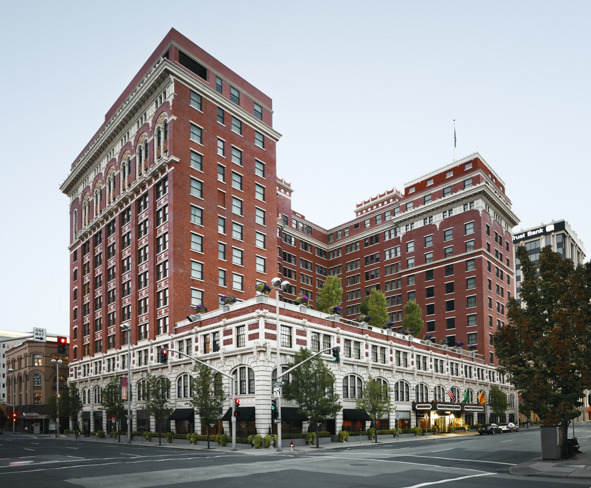 a large building with many windows with The Davenport Hotel in the background