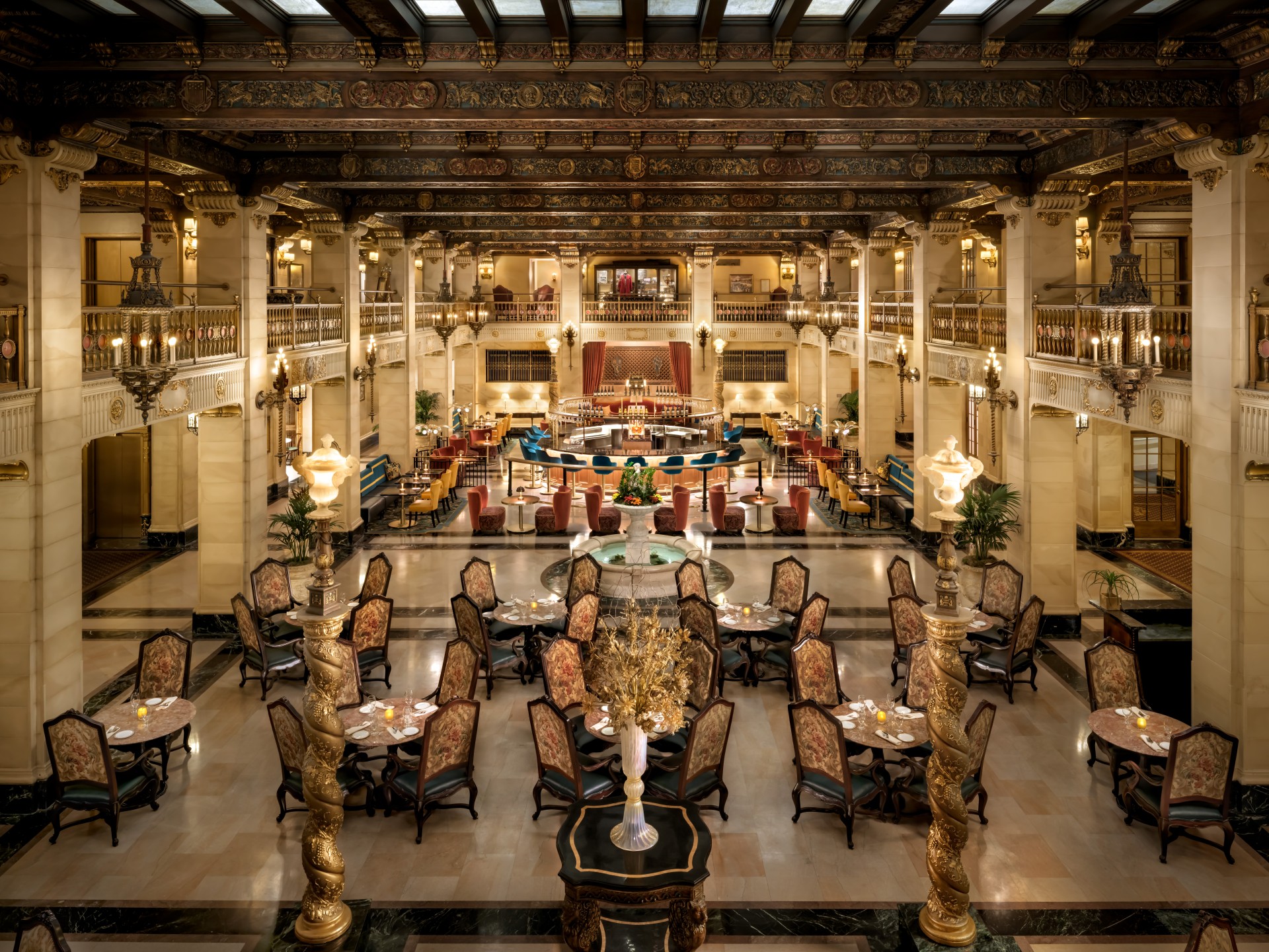 a large room with tables and chairs