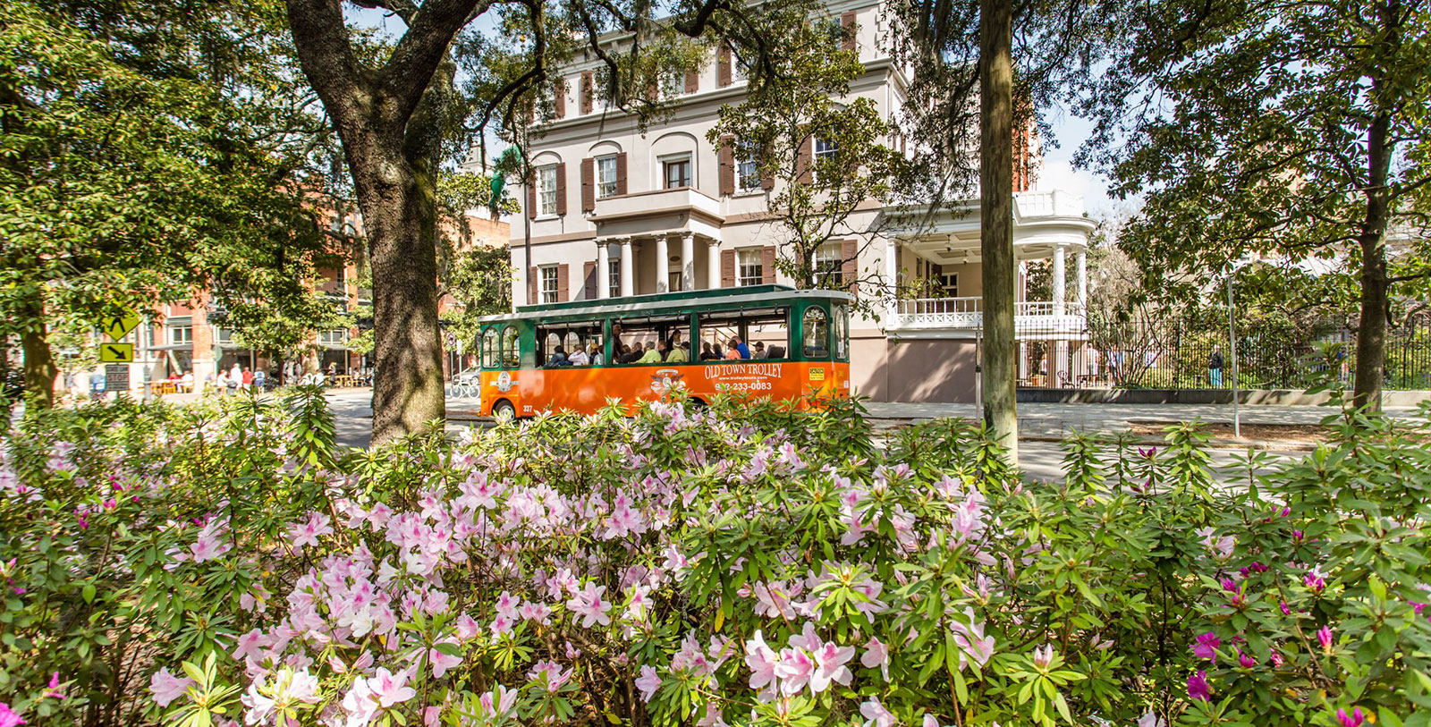 a trolley in front of a building