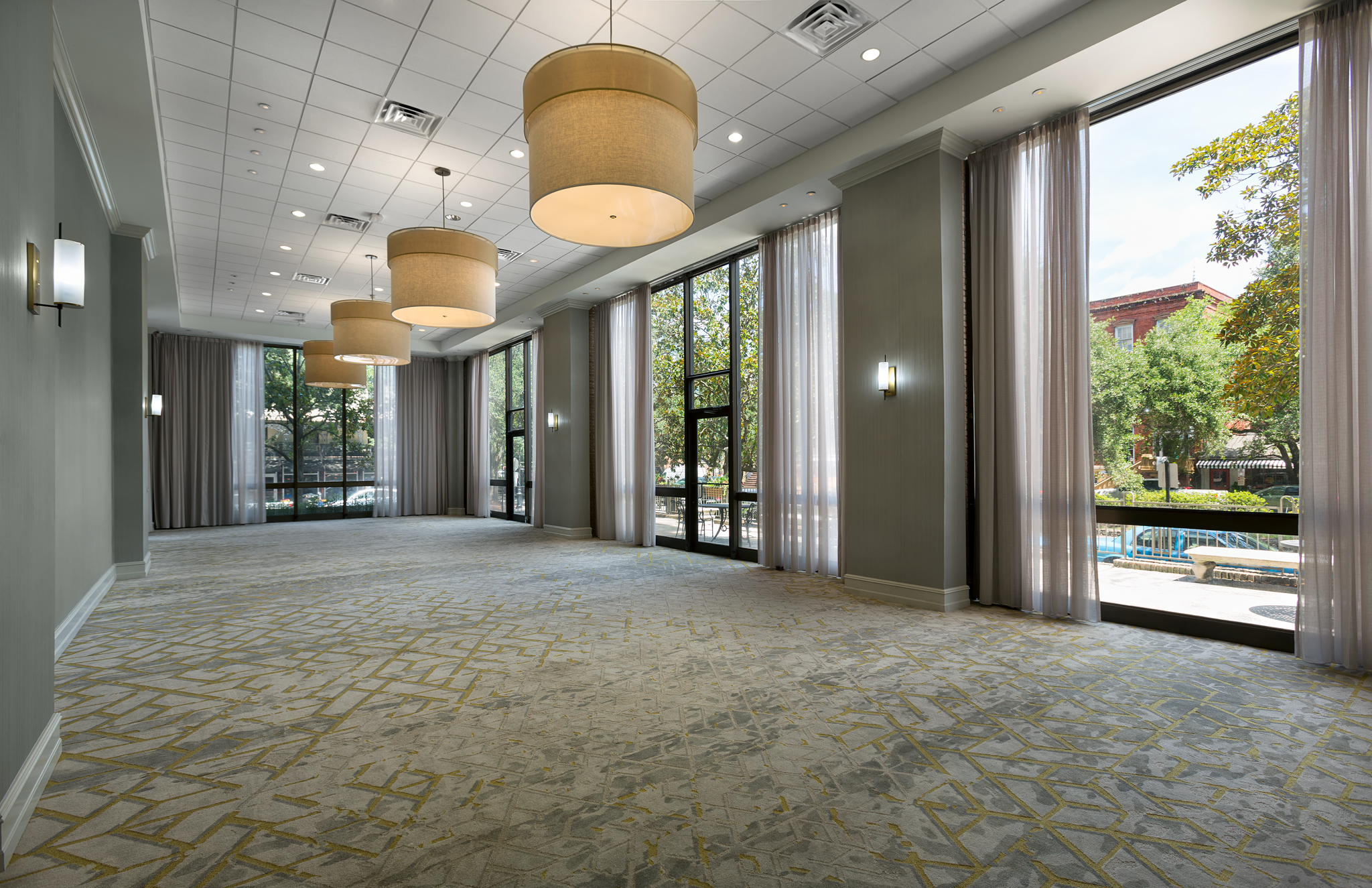 a large room with many windows