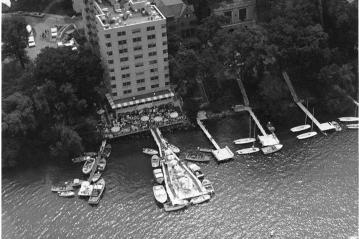 a high angle view of a building and boats